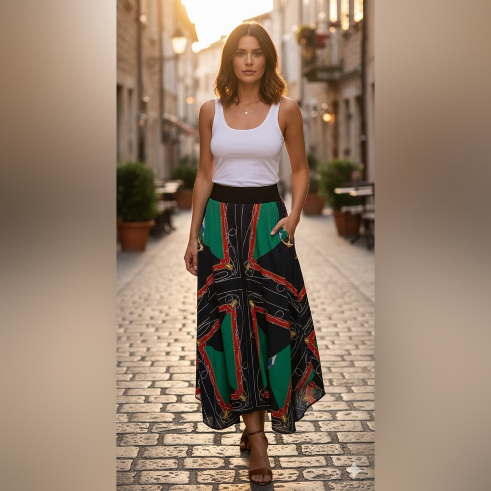 Ralph Lauren Black Label Black Asymmetrical Maxi Skirt with Green & Red Print